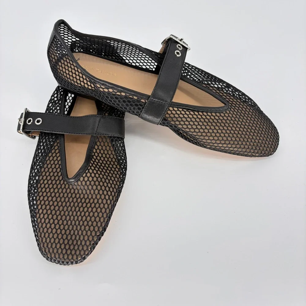 Ann Taylor Womens Black Mesh Mary Jane Flats Leather Buckle Strap Shoes 6.5M